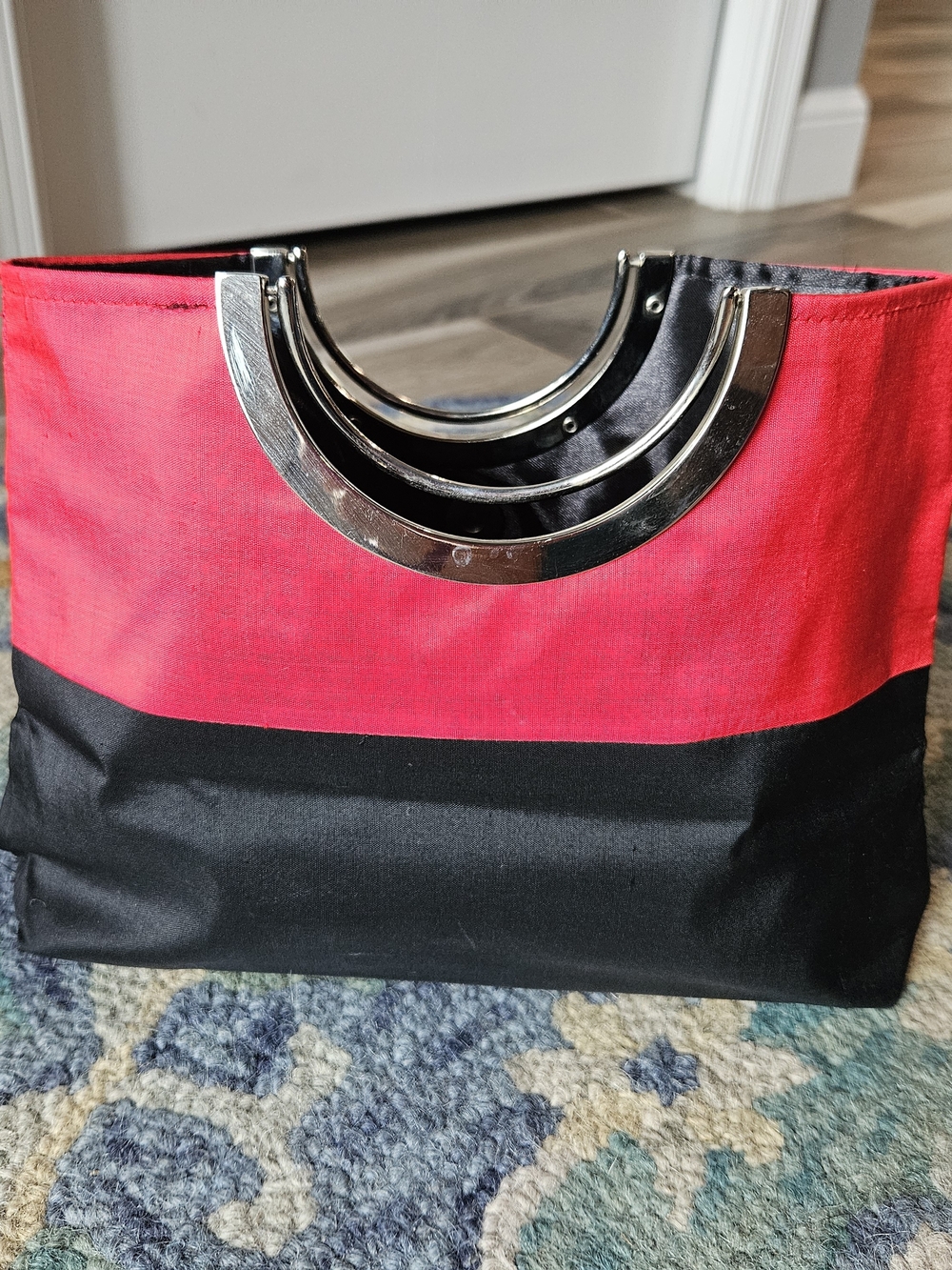 Red and Black Silk Small Tote with Silver Crescent Handles